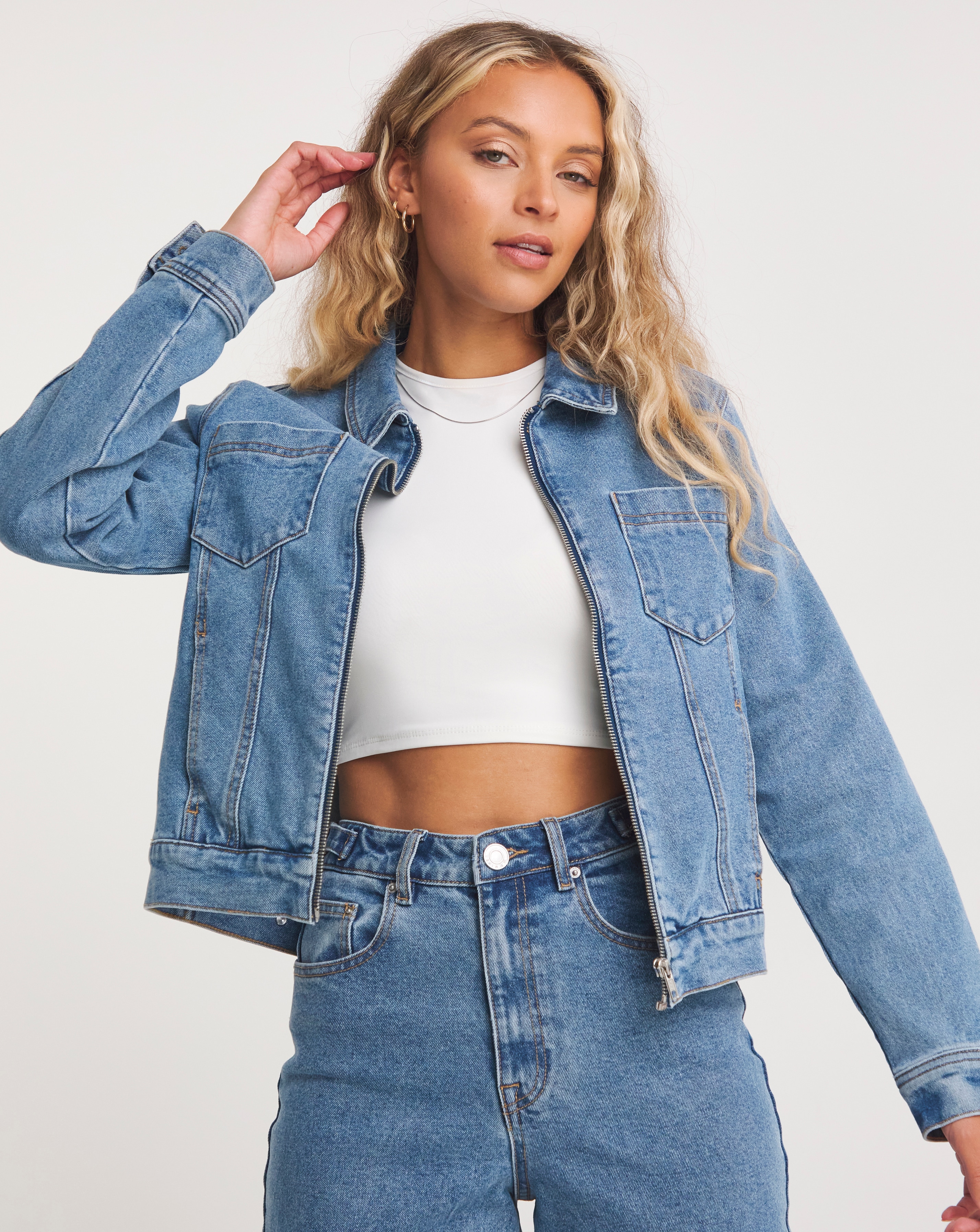 Zip Front Bright Blue Denim Jacket Simply Be