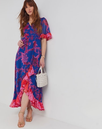 Hope & Ivy Stephanie Contrast Frill Sleeve Wrap Maxi Dress With Tie Waist