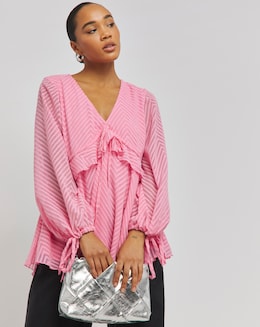 Pink Jacquard Long Sleeve V-Neck Smock Top with Frill &amp; Tie Front Detailing