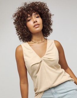Simply Be Cream Jersey Linen Look Knot Front V Neck Cami