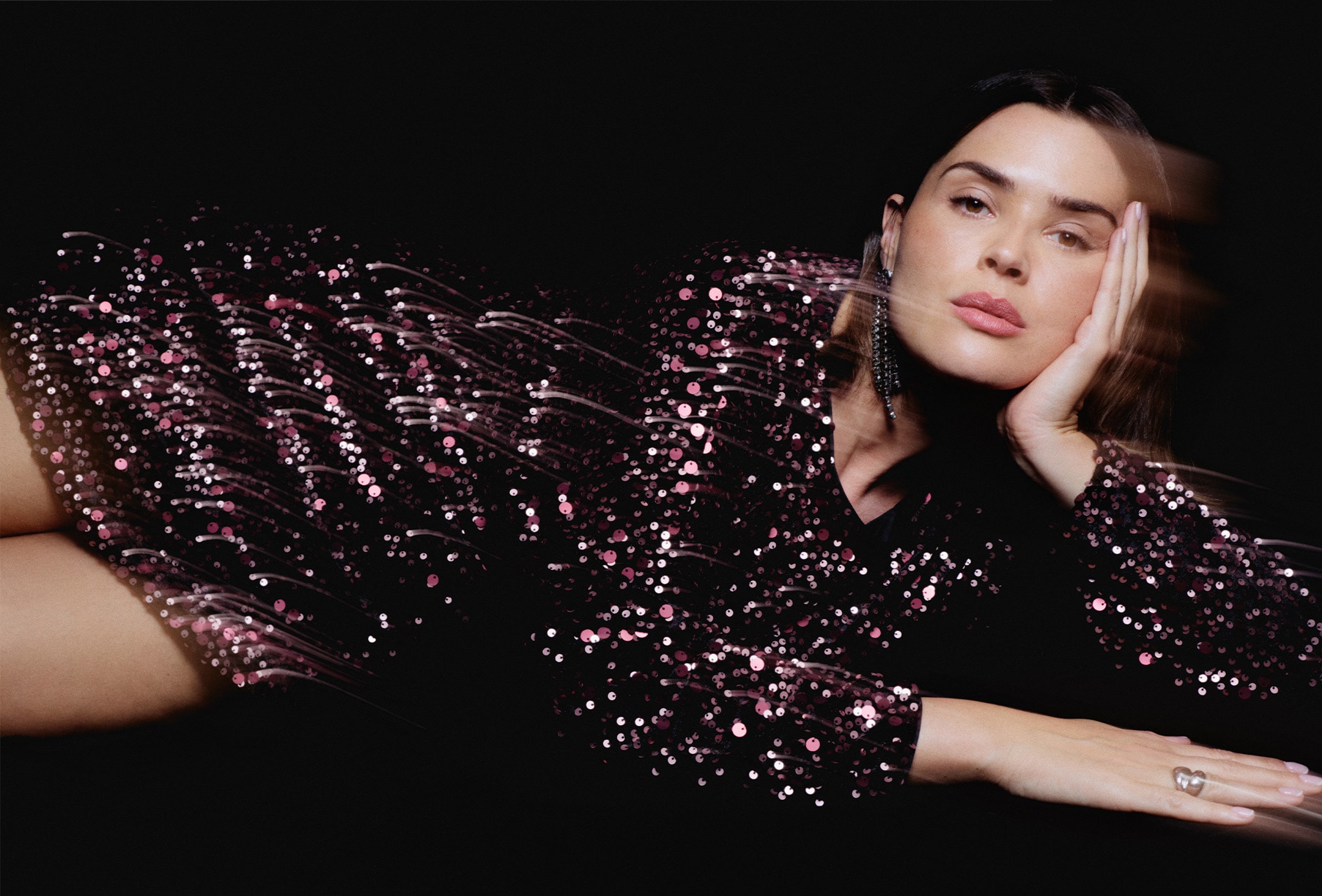 model wearing Burgundy Velour Sequin Mini Dress