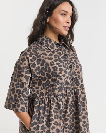 Leopard Printed Shirt Dress With Pockets