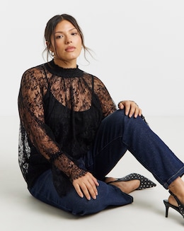 Black Eyelash Lace Top With Sleeve Detail