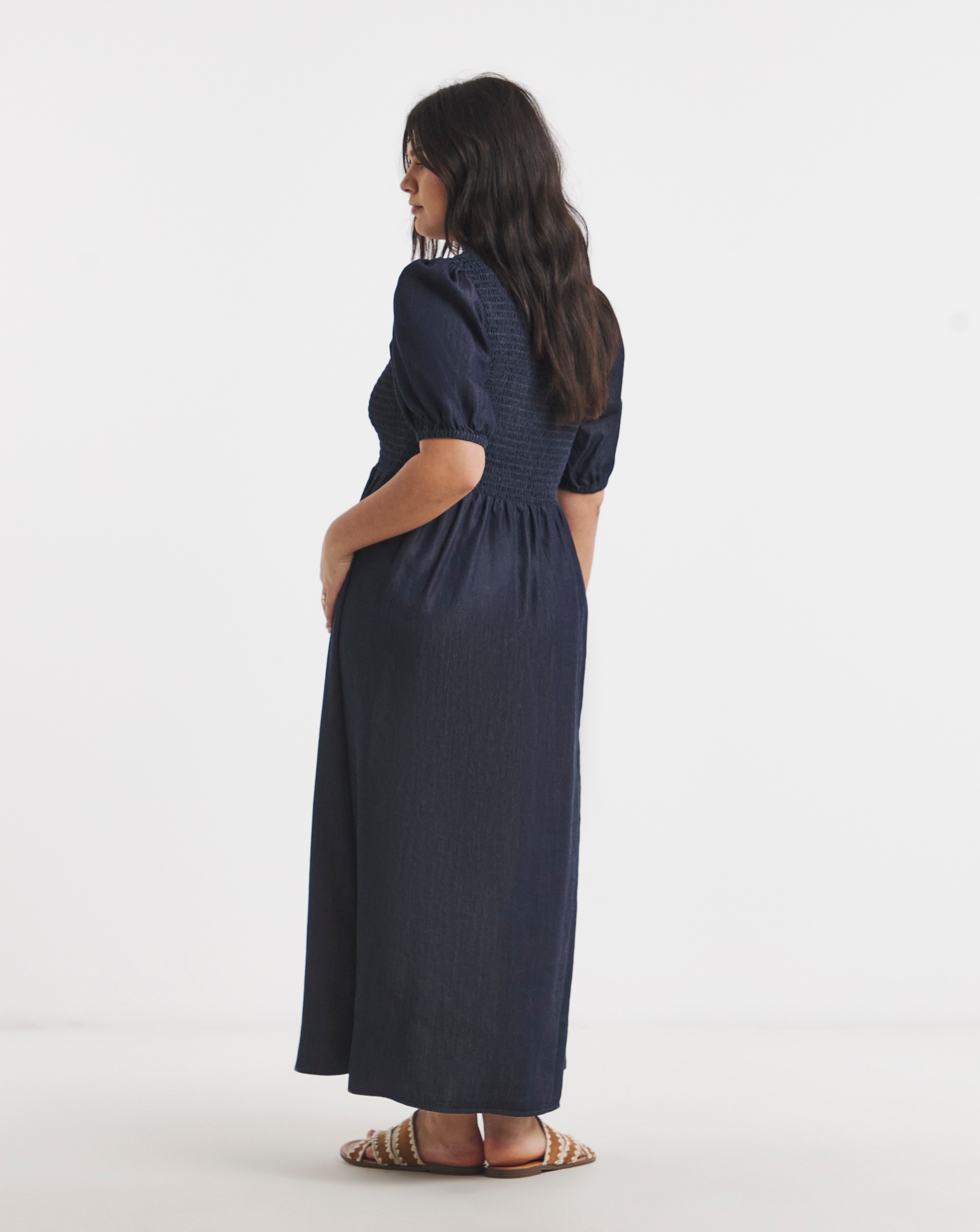 Simply Be Indigo Denim Soleil Shirred Short Sleeve Midaxi Dress