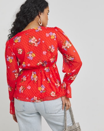 Twisted Wunder Red Floral Dobby Chiffon Frill Sleeve Blouse
