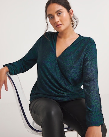 Joanna Hope Green/Blue Glitter Knit Wrap Top