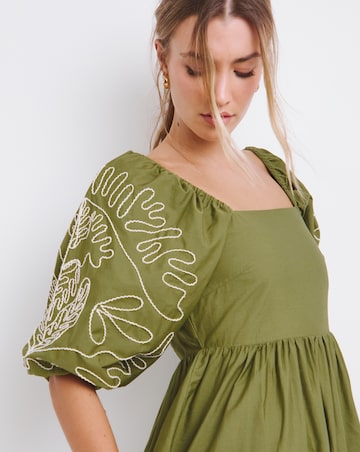 Khaki Embroidered Sleeve Cotton Poplin Midi Dress