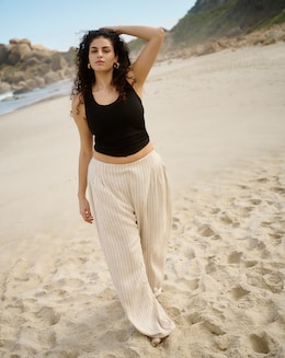 Neutral Stripe Pleated Linen Mix Wide Leg Trouser