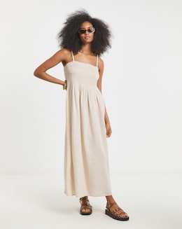 Simply Be Stone Shirred Bandeau Linen Blend Midi Dress