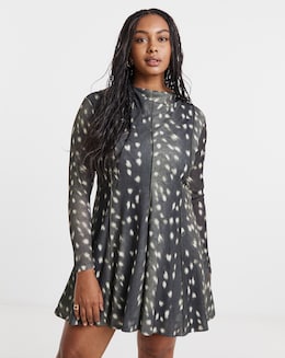 Green Animal Print Seamed Mesh Fit and Flare Skater Dress