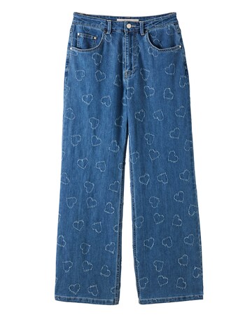 Mid Wash Distressed Heart Straight Leg Jean