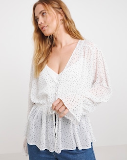 Spot Print Sheer Tie Front Blouse