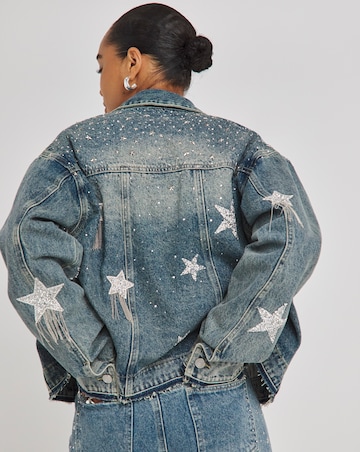 Simply Be X Twisted Wunder Mid Wash Star Embellished Boyfriend Denim Jacket