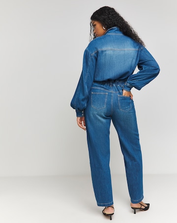 Mid Wash Authentic Look Drape Denim Jumpsuit