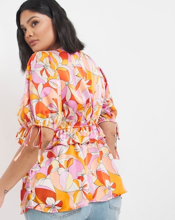 Retro Floral Print Satin Ruffle Front Blouse
