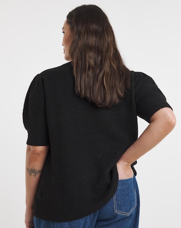 Simply Snug Black/Ivory Puff Sleeve Bow Applique Knitted Top