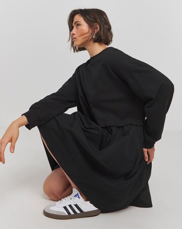 Black Relaxed Sweatshirt Poplin Mix Smock Dress