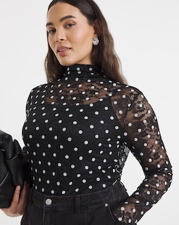 Black Spot Print Lace Top