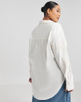 Ivory Embroidered Sleeve Relaxed Long Sleeve Shirt