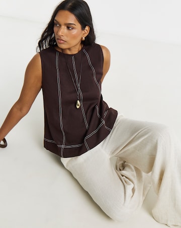 Chocolate Linen Shell Top with Topstitch Detail