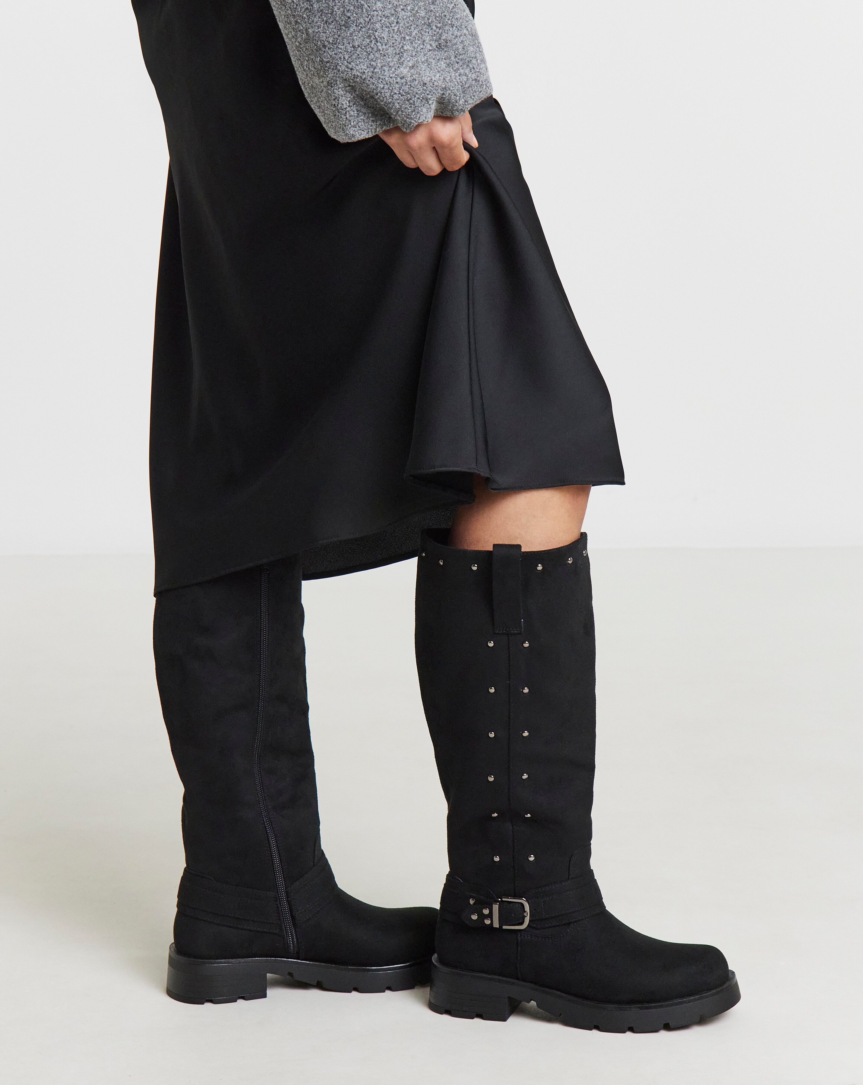 Zoey Studded Knee High Biker Boots - Extra Wide Fit (EEE) & Super Curvy Calf