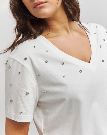 White V Neck Embellished T-Shirt