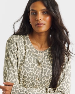 Leopard Print Soft Touch Crew Neck Cardigan