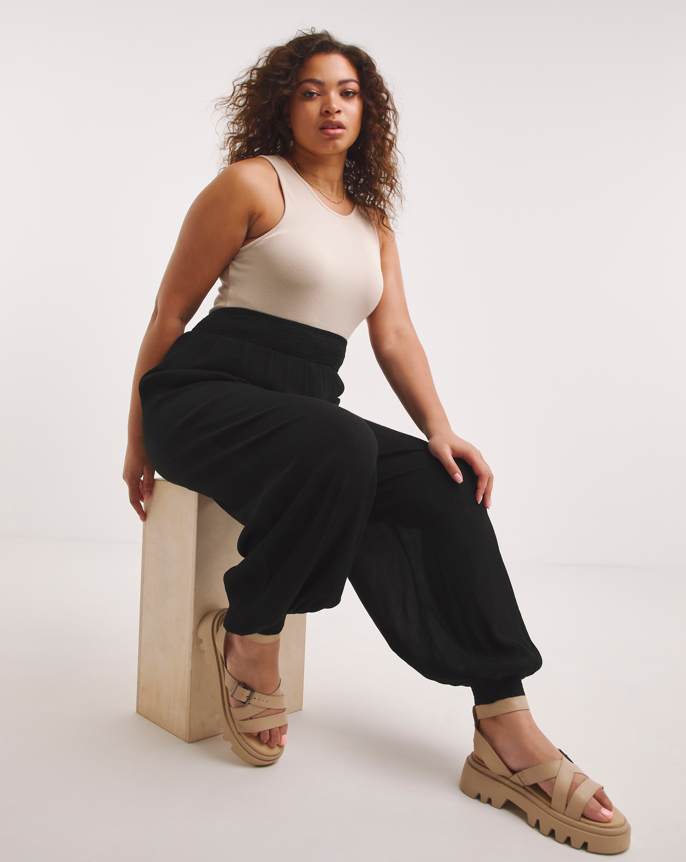 Black Shirred Waist Crinkle Hareem Trouser Simply Be