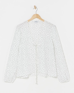 Simply Be Spot Print Tie Front Long Sleeve Blouse