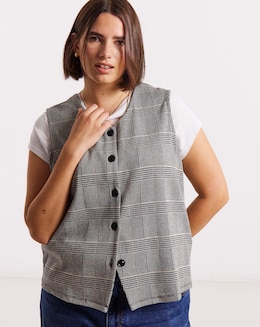 Black &amp; White Check Print Button Through Jersey Waistcoat