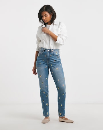 Mid Blue Fruit Embroidered Slim Mom Jeans