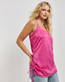 Pink Satin Jacquard Cami with Side Ruching Detail