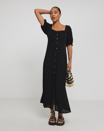 Black Button Through Midi Dress Textured Button Through Midi Dress