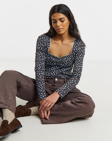 Simply Be Blue Ditsy Print Square Neck Long Sleeve Ribbed Top