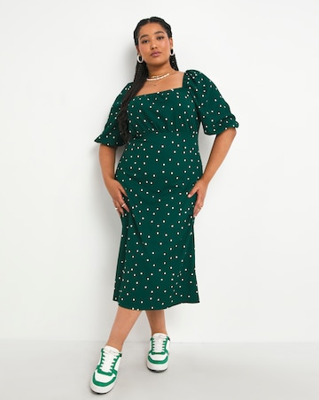 Green Spot Long Sleeve Milkmaid Waffle Midi Dress