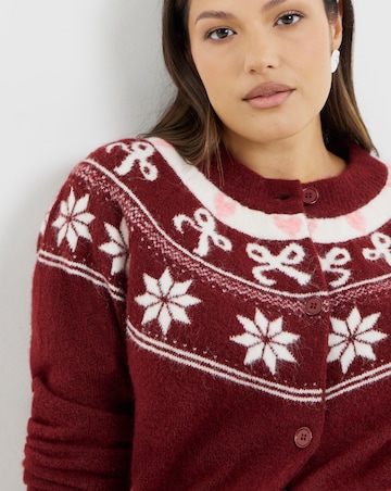 Brushed Yarn Burgundy Fair Isle Crew Neck Cardigan