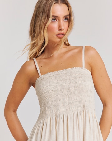 Stone Shirred Bandeau Linen Blend Midi Dress