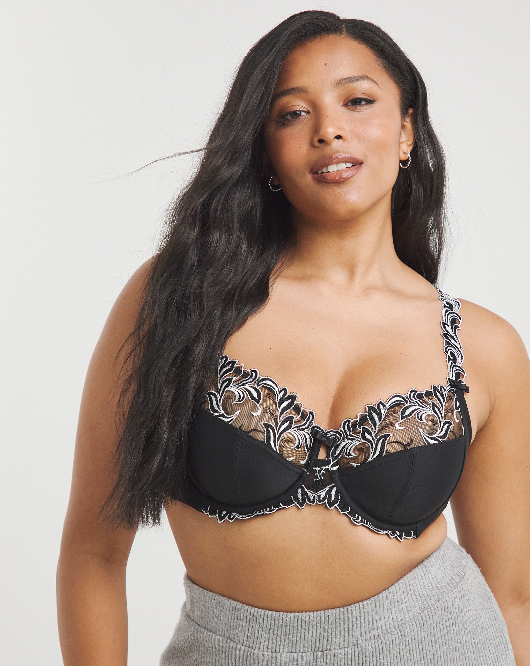 A model wearing a black and patterned bra