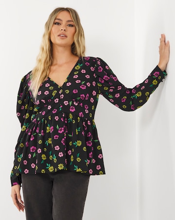 Black Floral V Neck Peplum Blouse with Puff Sleeves | Simply Be