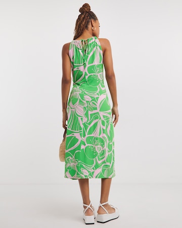 Tropical Floral Print Ruched Front Midi Dress