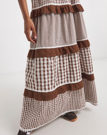 Neon Rose Gingham Midaxi Dress with Contrast Scales, trims, tie back detail