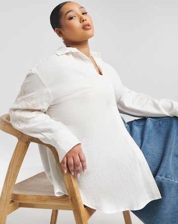 Simply Be Ivory Embroidered Sleeve Relaxed Long Sleeve Shirt