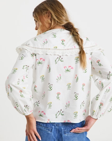 Neon Rose Floral Cotton Poplin Blouse with Broderie Frills