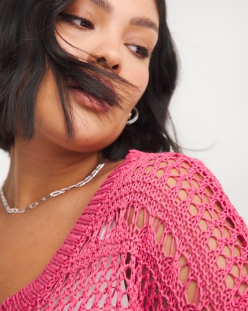 Pink Wide V Neck Crochet Jumper