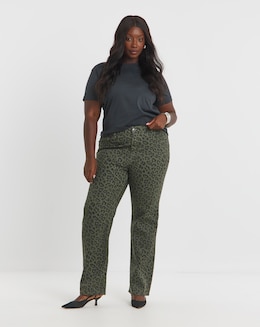 Simply Be Olive Leopard Straight Leg Jeans