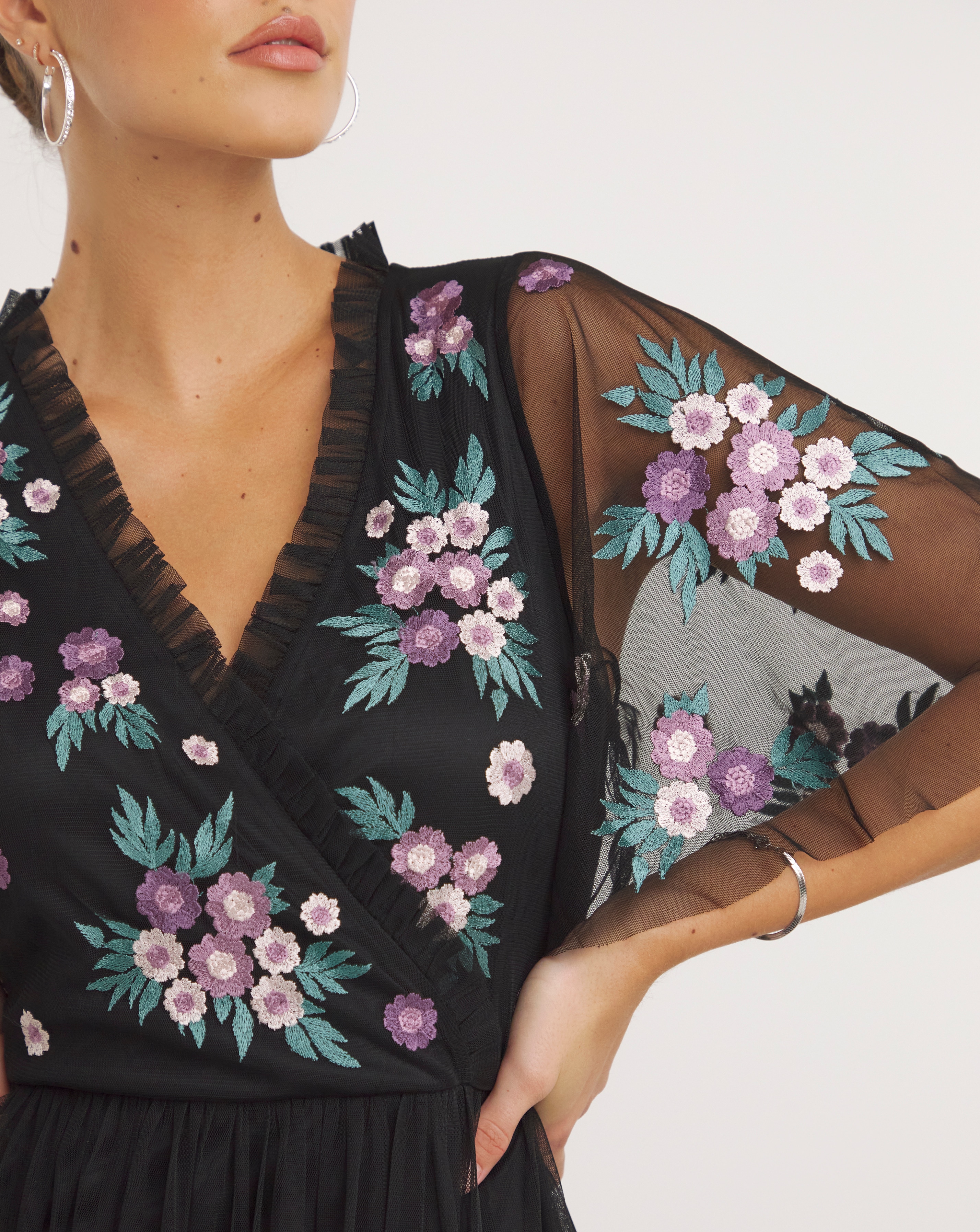 Black floral embroidered maxi dress clearance