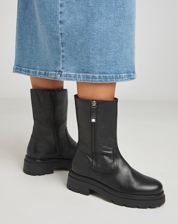 Breener Leather Outside Zip Chunky Ankle Boots - Wide Fit (E)