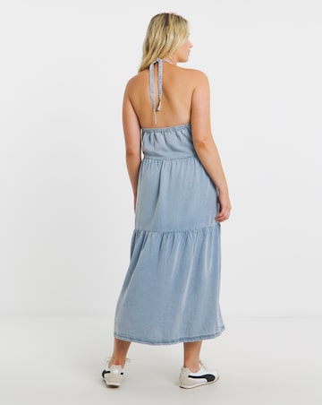 Light Wash Blue Halter Tiered Maxi Dress with Tencel TM Lyocell