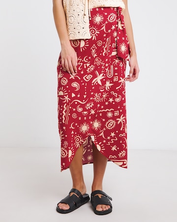 Red Print Spun Viscose Wrap Midaxi Skirt
