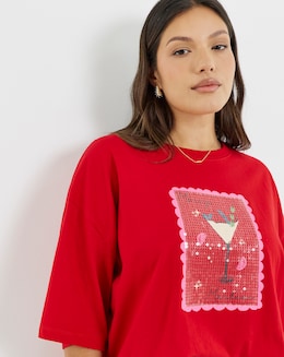 Simply Be Red Merry Martini Graphic T-Shirt